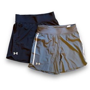 NEW, never worn lot of 2 pairs of men’s med Under Armor speedpocket 7” shorts.